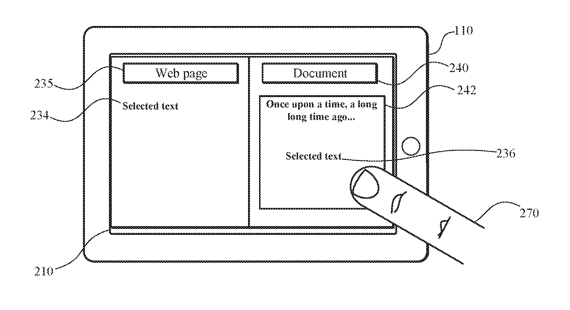 A patent drawing of a finger touching an iPad.