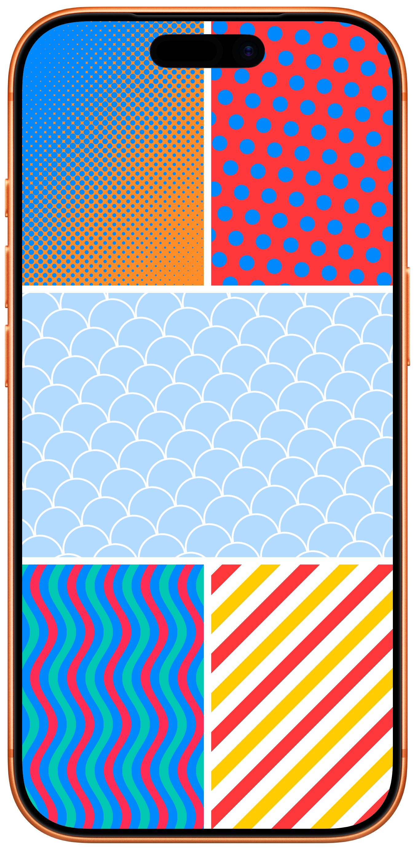 An iPhone mockup showing five ShapeStyle patterns: half-tone dots, polka dots, fish scales, wavy lines, and diagonal stripes.
